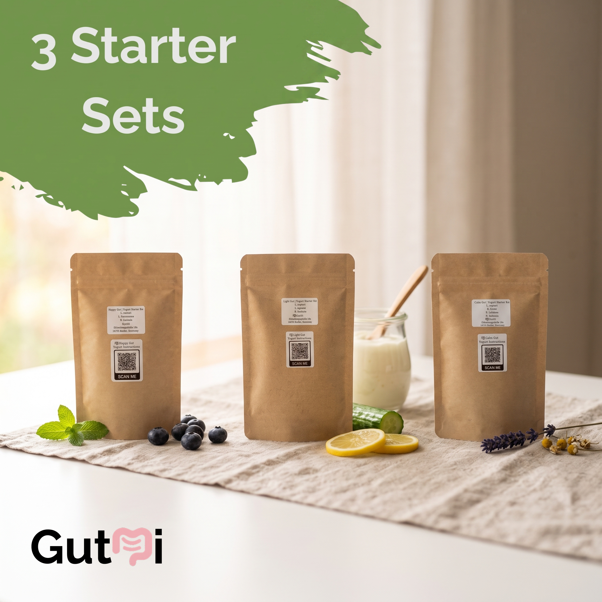 GutMi | L. reuteri + 6 weitere Stämme (insgesamt 7) | Enthält alle verlorenen Arten | 3 Joghurt-Starter-Sets | Starter-Bundle | Starterkulturen | 9 Joghurt-Starter