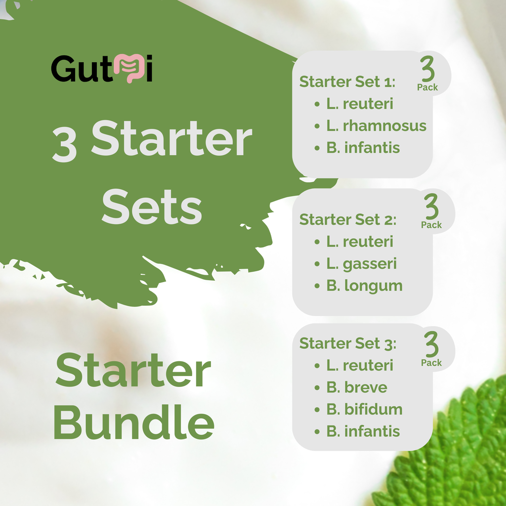 GutMi | L. reuteri + L. rhamnosus + B. infantis + L. gasseri + B. longum + B. breve + B. bifidum | Starter Bundle | Joghurt Starter Paket | 3 Sets | 9 Starter